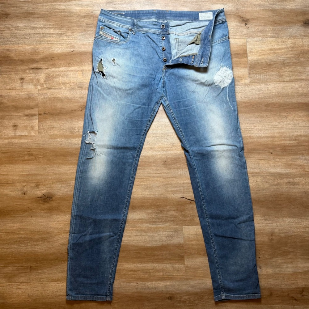Diesel Sleenker Jeans Mens 38x32 Blue Distressed Slim Skinny Stretch Denim 0670N
